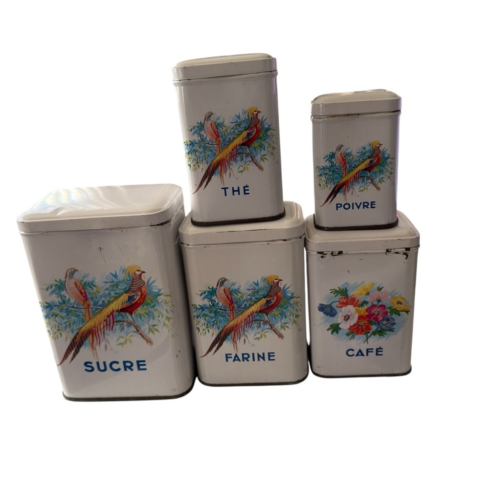Antique kitchen Canisters Set of 5 Stackable  French 1920’s Tin With Lids As is